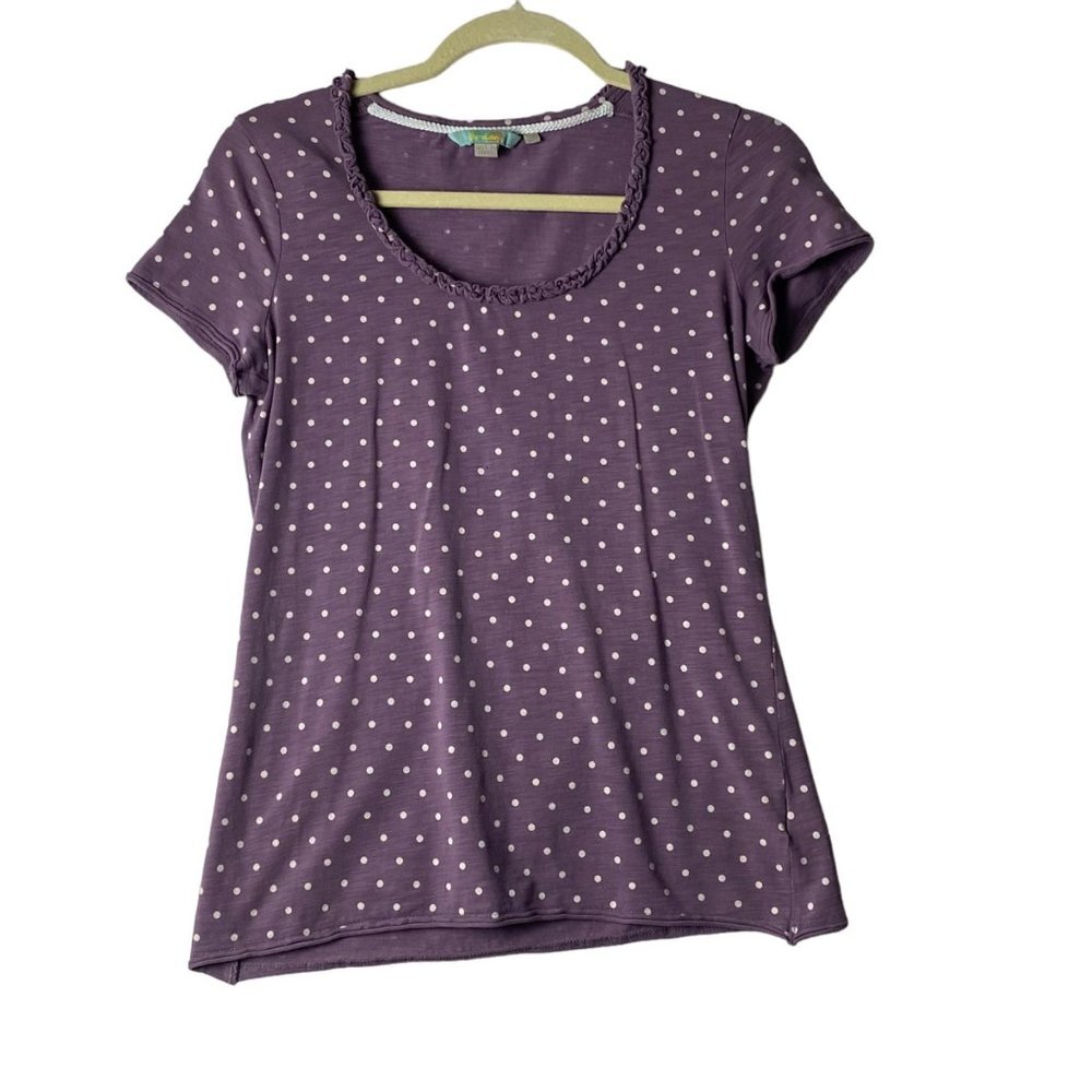 Boden Short Sleeve Shirt Women Size‎ 8 Purple White Polka Dot Scooped Neckline